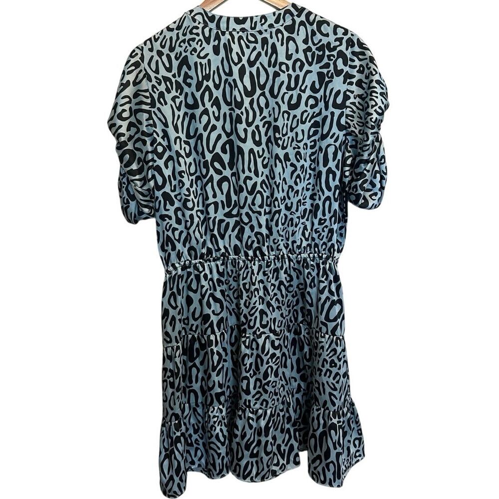 Rebecca Minkoff Aston‎ Puff-Sleeve Tiered Blouson Mini Dress Blue Leopard Large - Picture 3 of 11